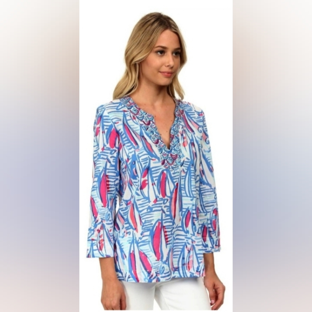 Lilly Pulitzer Amelia Island Red Right Return Resort White Sailboat Tunic
